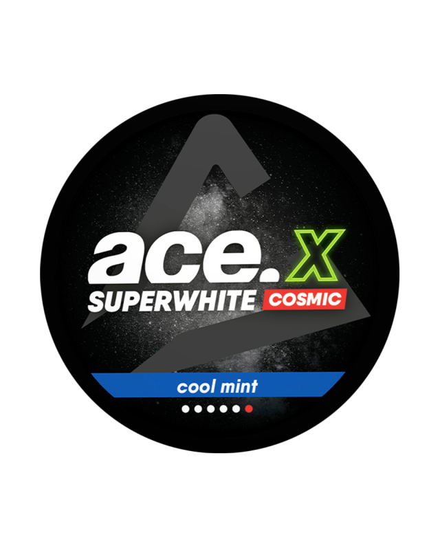 Ace X Superwhite Cool Mint COSMIC Ace Superwhite Slim Mäta 20mg/g – 20 porcií, bez tabaku, silné uvoľňovanie nikotínu, Ministry of Snus

